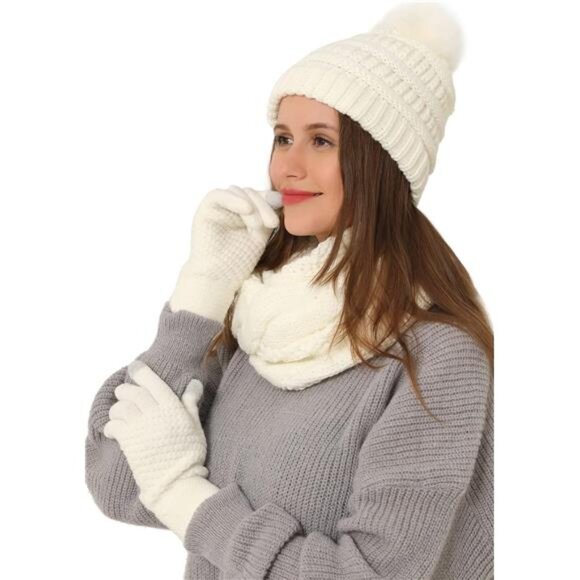 3pcs Women's Winter Beanie Hat Scarf and Touch Screen Gloves Set - Picture 1 of 5